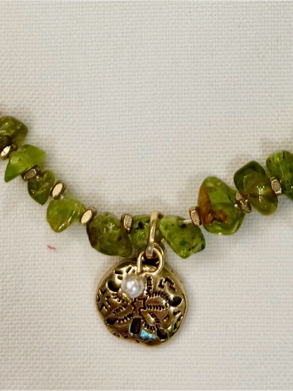 HAND CRAFTED Gold, Peridot Chip, Czech Bead Necklace, gold sand dollar charm - Picture 2 of 5